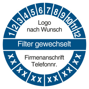 Mehrjahresprüfplakette Filter gewechselt mit Logo und Firmendaten