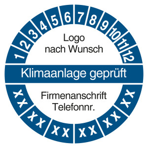 Mehrjahresprüfplakette Klimaanlage geprüft mit Logo und Firmendaten