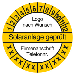 Mehrjahresprüfplakette Solaranlage geprüft mit Logo und Firmendaten