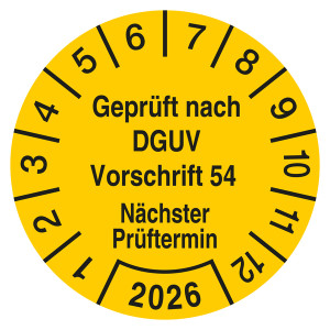 Prüfplakette Geprüft nach DGUV Vorschrift 54 Nächster Prüftermin mit Jahreszahl Gelb