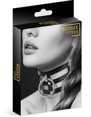 Bijoux Pour Toi Collier en cuir noir SM triple lanière avec anneau métal argenté Noir