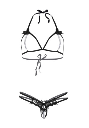 Leg Avenue Open cup bra and pearl panty Noir