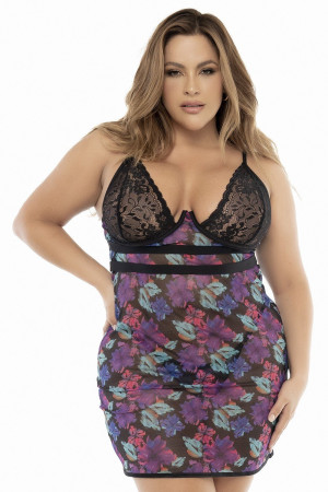 Mapalé Nuisette résille et dentelle Noire, grande taille, imprimé fleur exotique Imprimé floral