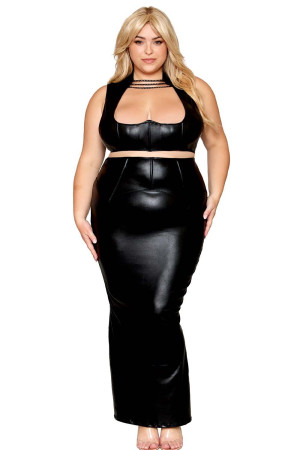 Dreamgirl Ensemble Soutien-gorge et jupe longue, grande taille, noir en simili cuir Noir