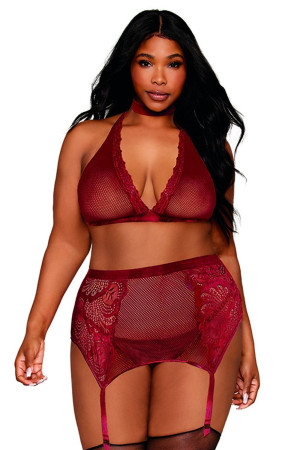 Dreamgirl Ensemble 4 pièces grande taille soutien gorge, tour de cou, string et porte jarretelles rouge Rouge