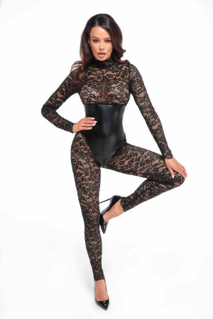 Noir HandMade Combinaison Corset Enigma Dentelle et Wetlook Noir