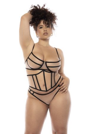 Mapalé Ensemble 3 pièces noir et chair grande taille, soutien gorge avec armatures, serre taille et string Chair/Noir