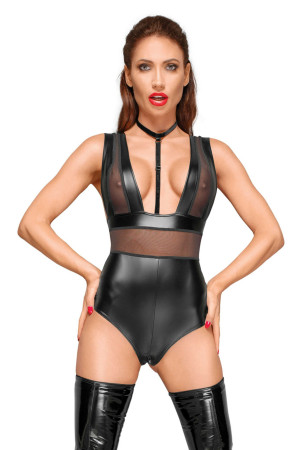 Noir HandMade F183 Powerwetlook body avec larges bretelles, empiècements en tulle et tour de cou en velours Noir