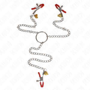 KINK NIPPLE GRIP pinces à tétons et clito bell triple rouge avec chaine 30 cm