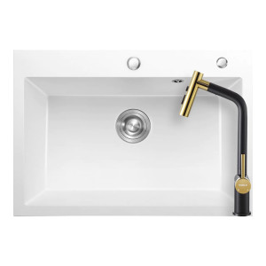 Higold 935004W konyhai mosogatótálca 680 x 480 mm fehér és Higold Piniz konyhai csaptelep kihúzható fejjel, Fekete és arany