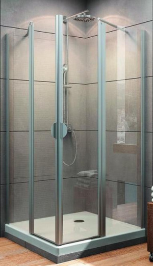 Schulte Duschkabine Sunny Eckeinstieg 4-teilig mit Drehtüren 1800x800x800 mm, 5 mm Echtglas Klar, Profilfarbe alunatur