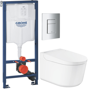 Zestaw toaleta myjąca z deską Grohe Sensia Pro 61 x 38,7 cm biel alpejska + stelaż Rapid SL + przycisk uruchamiający Skate Cosmopolitan chrom 36508SH
