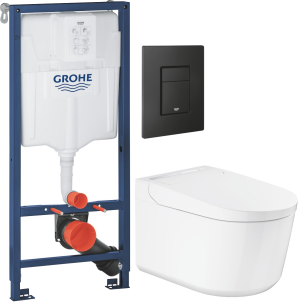 Zestaw toaleta myjąca z deską Grohe Sensia Pro 61 x 38,7 cm biel alpejska + stelaż Rapid SL + przycisk uruchamiający Skate Cosmopolitan phantom black