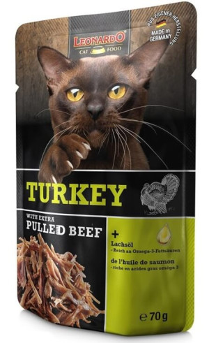 Leonardo Pulled Beef Pavo Sobre para Gatos 16 x 70 gr