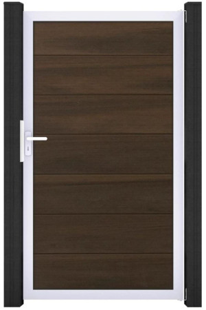 GroJa Solid Grande Steckzaun Tor 1-flügelig 100 x 180 x 4 cm, ohne Pfosten - mit Alurahmen | walnuss co-extrudiert | Alurahmen (silber)
