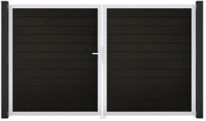 GroJa Solid Steckzaun Tor 2-flügelig 300 x 180 cm, ohne Pfosten - mit Alurahmen | schwarz | DIN Links | Alurahmen (silber)
