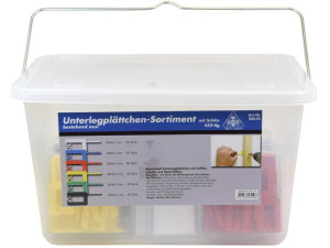 HaWe Unterlegplättchen-Sortimente, im Kunststoffeimer | Unterlegplättchen mit Schlitz | optimal zum Ausgleichen und Ausrichten | stapelbar