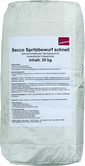 REDSTONE Secco Feuchtesanierung Spritzbewurf Schnellaushärtung - 25 Kg | schnell erhärtender Vorspritzmörtel | Haftbrücke für Secco Sperrputz