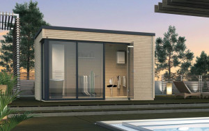 Weka Designhaus wekaLine 412 Natur - Holzmassivhaus mit Flachdach, inkl. Glasfront | 380x300x249 cm - Gr. 1