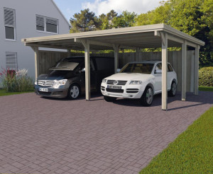 Weka Doppel-Carport 618 - Flachdach | 576x398 cm - Gr. 1 | mit PVC-Dachplatten | Graues PVC-Kunststoffdach mit Trapezprofil
