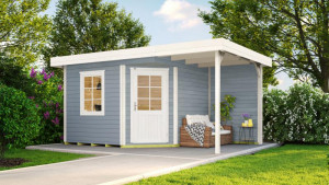 Weka Komfort Designhaus 213 Plus A 5-Eck - Blockbohlenhaus mit Flachdach und Anbau | Grau | 500x338x259 cm - Gr. 2 | Extra hohe Einzeltür