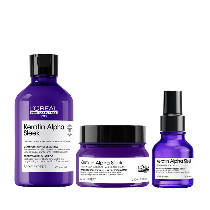 L'Oréal Professionnel PACK Keratin Alpha Sleek Shampoo, Hair Mask & Hair Serum Bundle - Antifrizz, 300ml, 250ml, 50ml