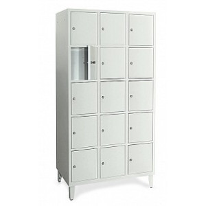 Fächerschrank, mit Füßen, 3 Abteile, 15 Fächer RAL 7035 Lichtgrau