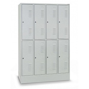 Garderobenschrank mit Sockel, 4 Abteile, 8 Fächer RAL 7035 Lichtgrau