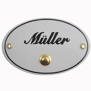 Ovales Emaille Namensschild, 15 cm x 10 cm, nach altem Vorbild, mit Namen und Klingelknopf