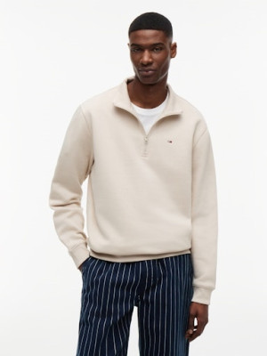 Tommy Jeans Quarter Zip Mock Neck Sweatshirt - Beige