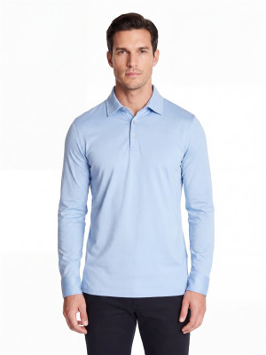 Thomas Maine Liquid Cotton Long Sleeve Polo - Blue