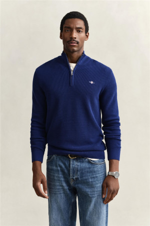Gant Micro Textured Cotton Quarter Zip Sweater - Navy