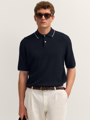 Bugatti Ribbed Knitted Polo Shirt - Navy