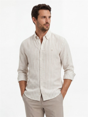Boss H Liam C1 261 Linen Stripe Shirt - Beige