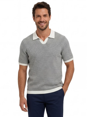 Bugatti Two Tone Open Neck Knitted Polo Shirt - Navy
