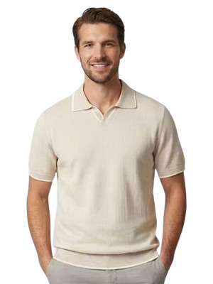 Thomas Maine Merino Linen Herringbone Jacquard Polo - Beige