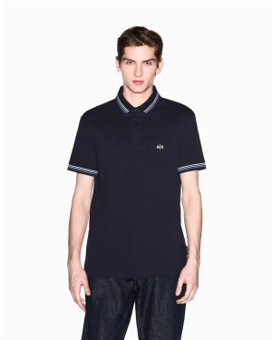 AX ARMANI Mercerized Cotton Open Neck Polo Shirt - Navy
