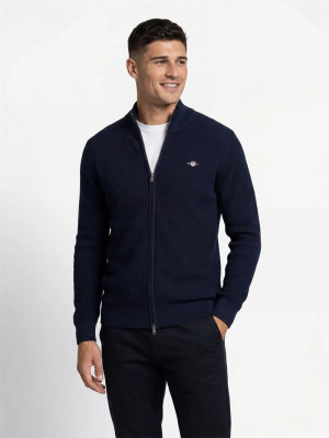 Gant Waffle Texture Cotton Full Zip Sweatshirt - Navy