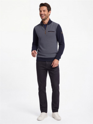 Bugatti Suede Trim Half Zip Sweatshirt - Navy