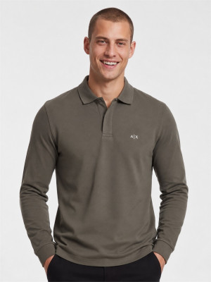 AX ARMANI Pique Long Sleeve Polo Shirt - Brown