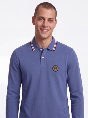 AX ARMANI Pique Long Sleeve Polo Shirt - Blue