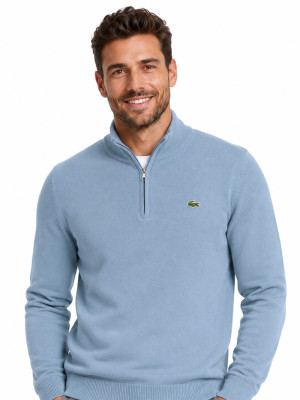 Lacoste Monochrome Quarter Zip Cotton Sweater - Blue
