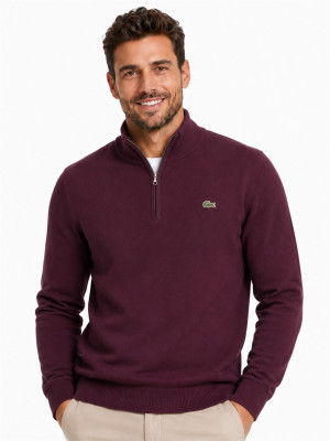 Lacoste Monochrome Quarter Zip Cotton Sweater - Red