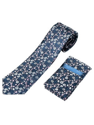 Marco Capelli Floral 7cm Tie With Pocket Square - Navy