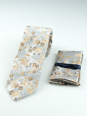 Marco Capelli Floral 7.5cm Tie With Pocketsquare - Silver