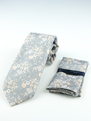 Marco Capelli Floral 7.5cm Tie With Pocket Square - Silver