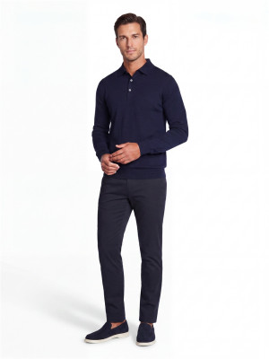 Thomas Maine 100% Merino Wool Long Sleeve Polo - Navy