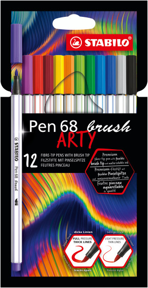 Premium-Filzstift mit Pinselspitze für variable Strichstärken - STABILO Pen 68 brush - ARTY - 12er Pack - mit 12 verschiedenen Farben