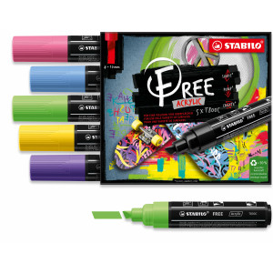 Acrylmarker - STABILO FREE Acrylic - T800C Keilspitze 4-10mm - Seaside - 5er Pack - mit 5 verschiedenen Farben
