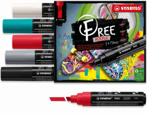 Acrylmarker - STABILO FREE Acrylic - T800C Keilspitze 4-10mm - Bold - 5er Pack - mit 5 verschiedenen Farben